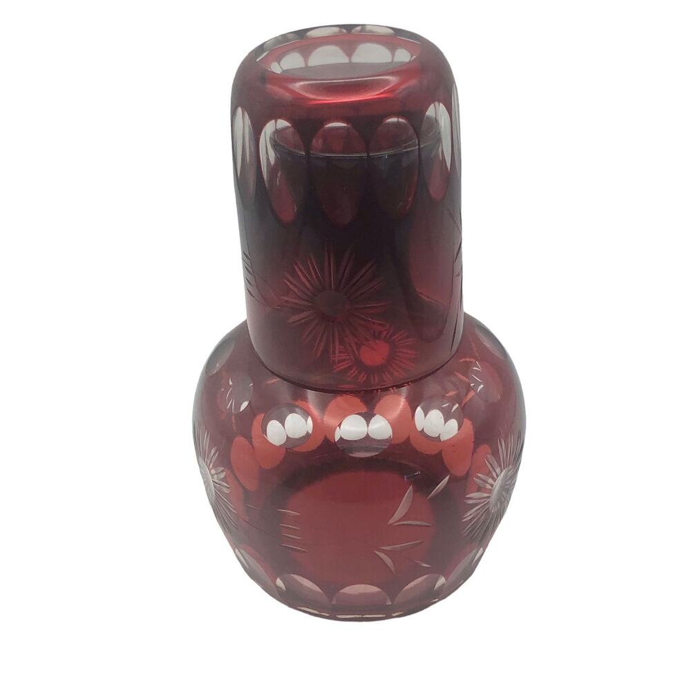 Vintage Bohemian Ruby Red Cut to Clear Glass Decanter and Tumbler Set
